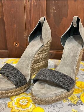 Brunello Cucinelli Gray Suede Espadrille Wedge Sandals with Black Beaded Strap